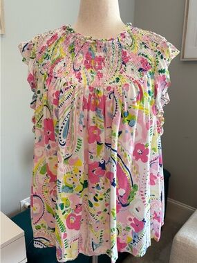 Crown & Ivy Pink Floral Smocked Flutter Sleeve Blouse